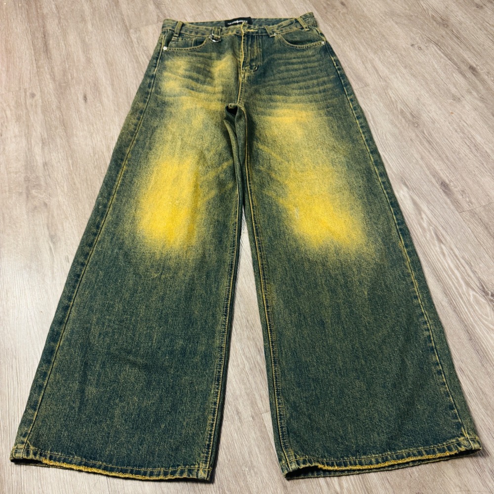 Nightmarket Mens Wide Leg Sand Wash Blue Yellow Denim Jeans D-Ring Size M